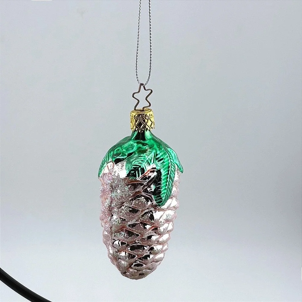 Pink Glass Pinecone Christmas Ornament Green Leaves Glitter Star Hanger Kitsch